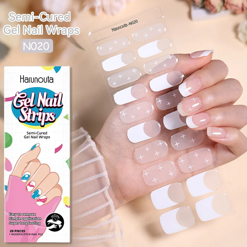 20-pack gel-nagelstickers – Glittriga linjer, semi-cured, French-ombre