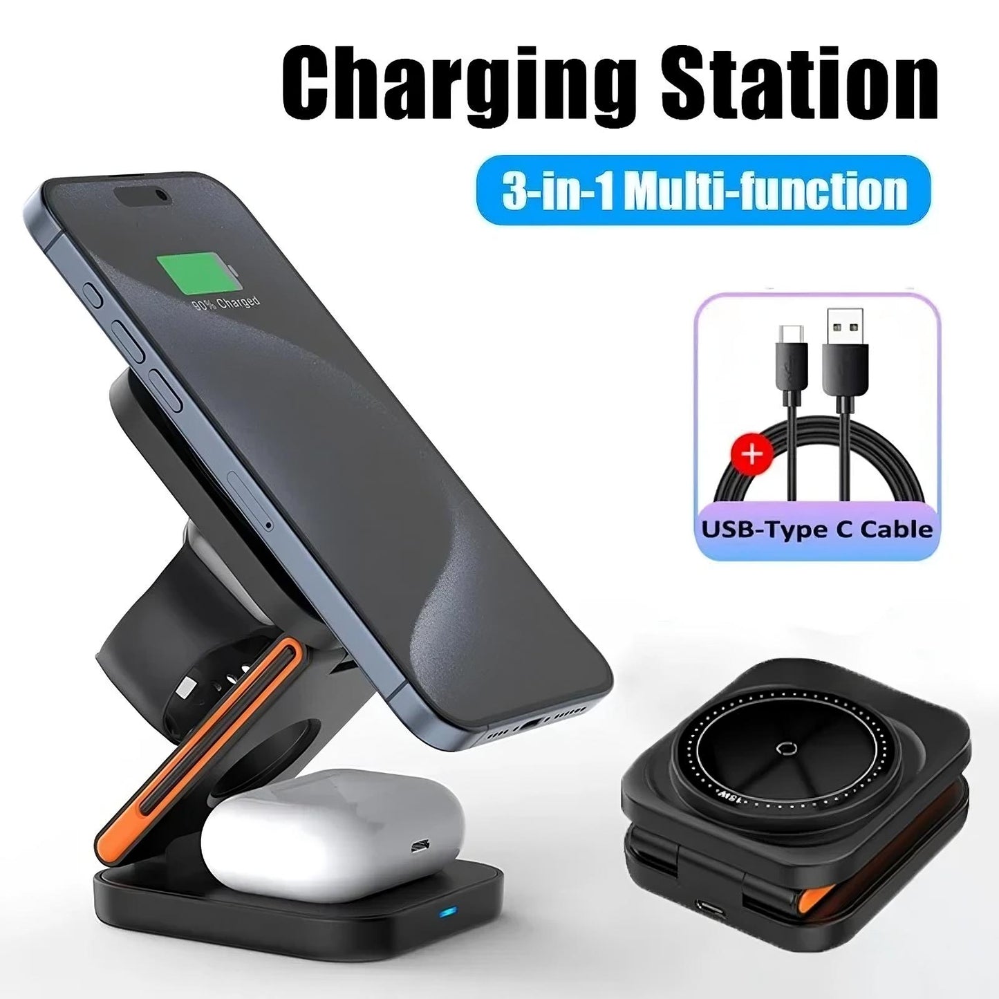 3-i-1 vikbar laddstation – för iPhone, Apple Watch & AirPods - ELLY
