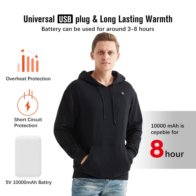 USB-värmehoodie med luva – Unisex, storlekar S–XXXL (svart/grå)