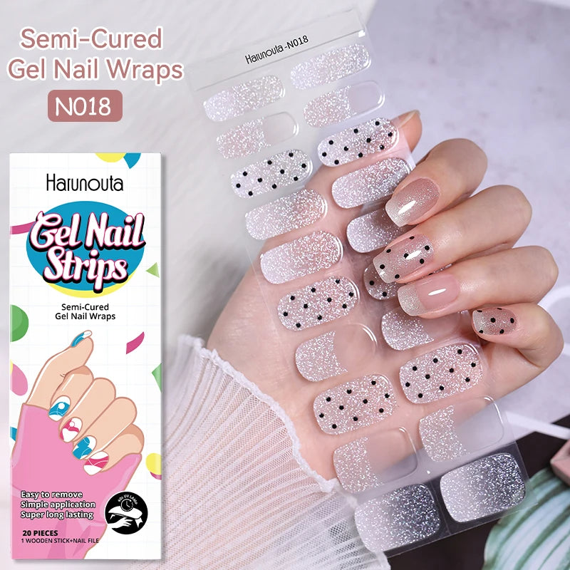 20-pack gel-nagelstickers – Glittriga linjer, semi-cured, French-ombre