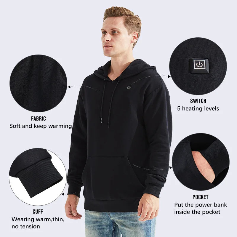 USB-värmehoodie med luva – Unisex, storlekar S–XXXL (svart/grå)