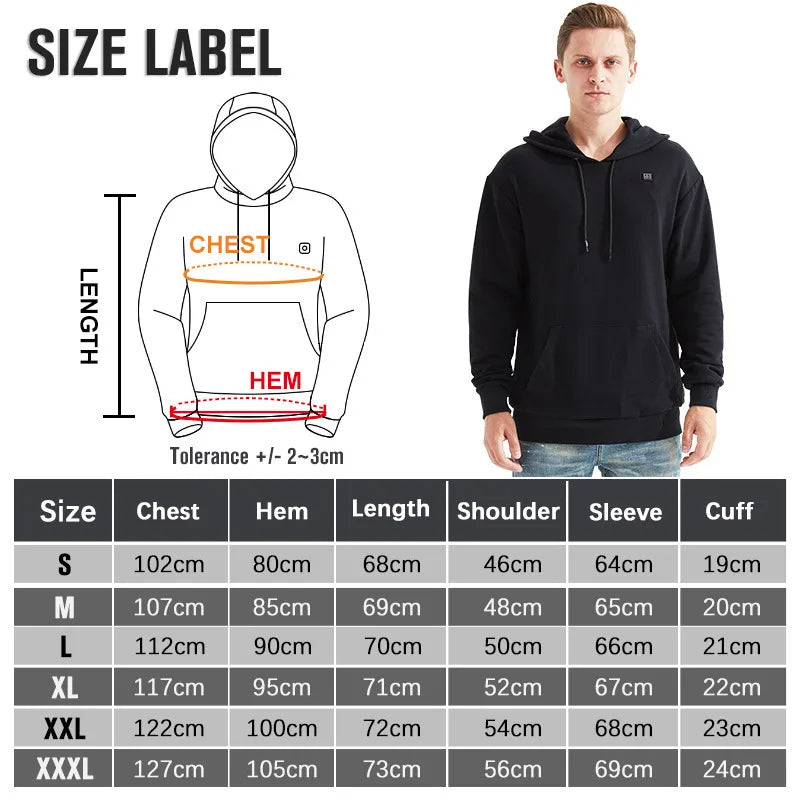 USB-värmehoodie med luva – Unisex, storlekar S–XXXL (svart/grå)