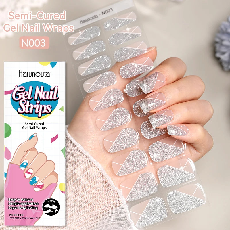 20-pack gel-nagelstickers – Glittriga linjer, semi-cured, French-ombre