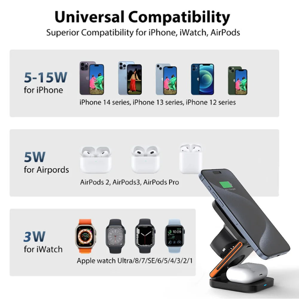 3-i-1 vikbar laddstation – för iPhone, Apple Watch & AirPods - ELLY