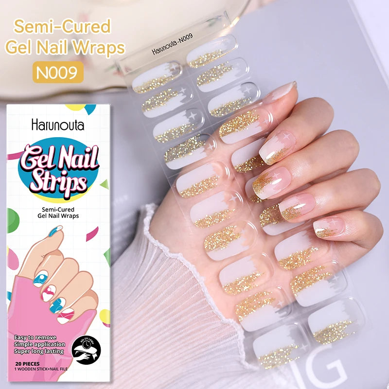 20-pack gel-nagelstickers – Glittriga linjer, semi-cured, French-ombre