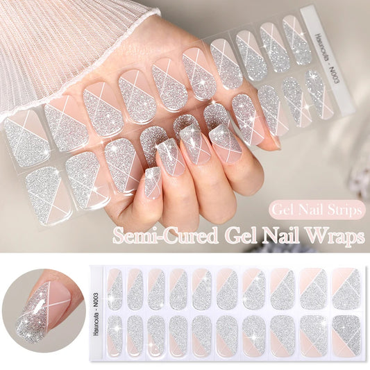 20-pack gel-nagelstickers – Glittriga linjer, semi-cured, French-ombre