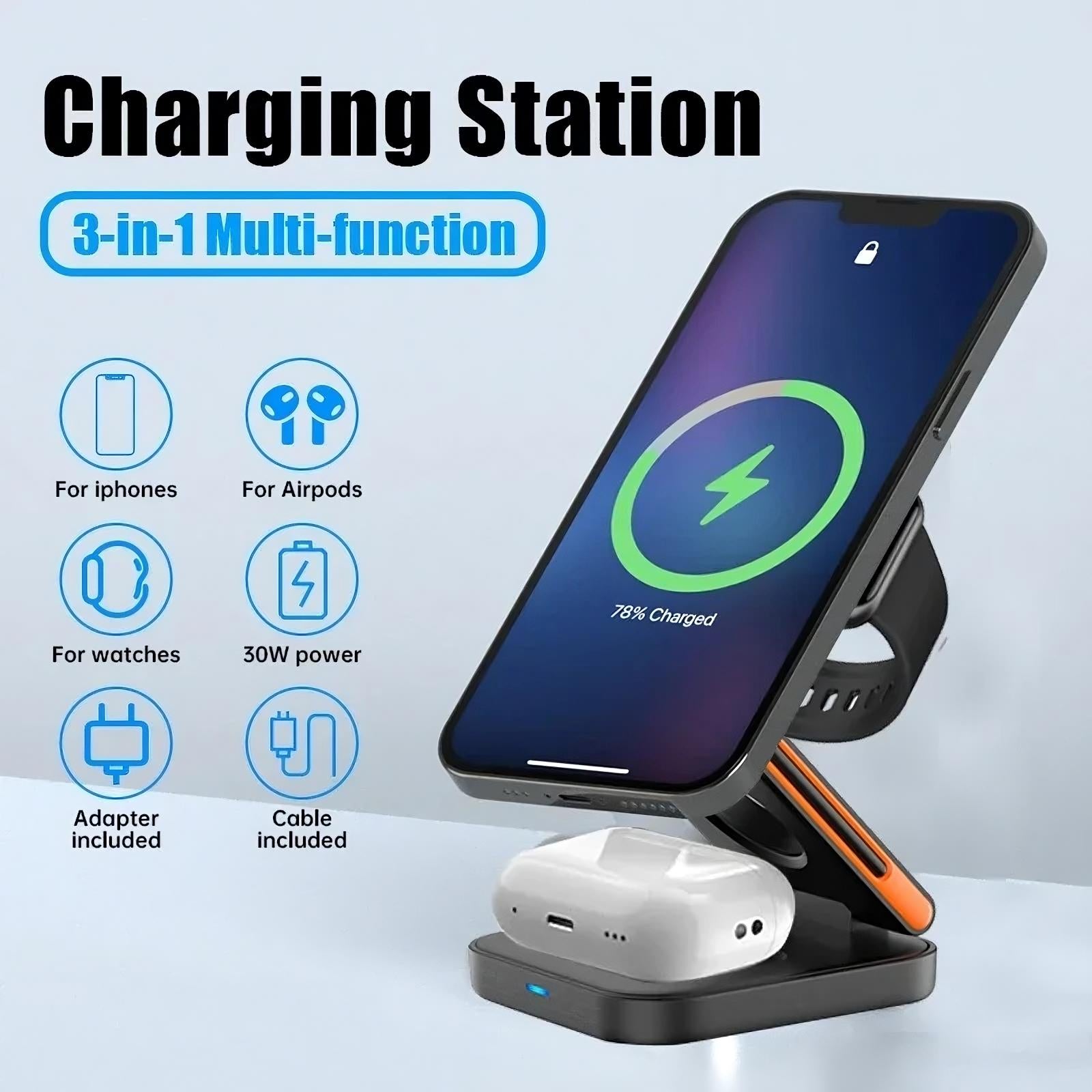3-i-1 vikbar laddstation – för iPhone, Apple Watch & AirPods - ELLY